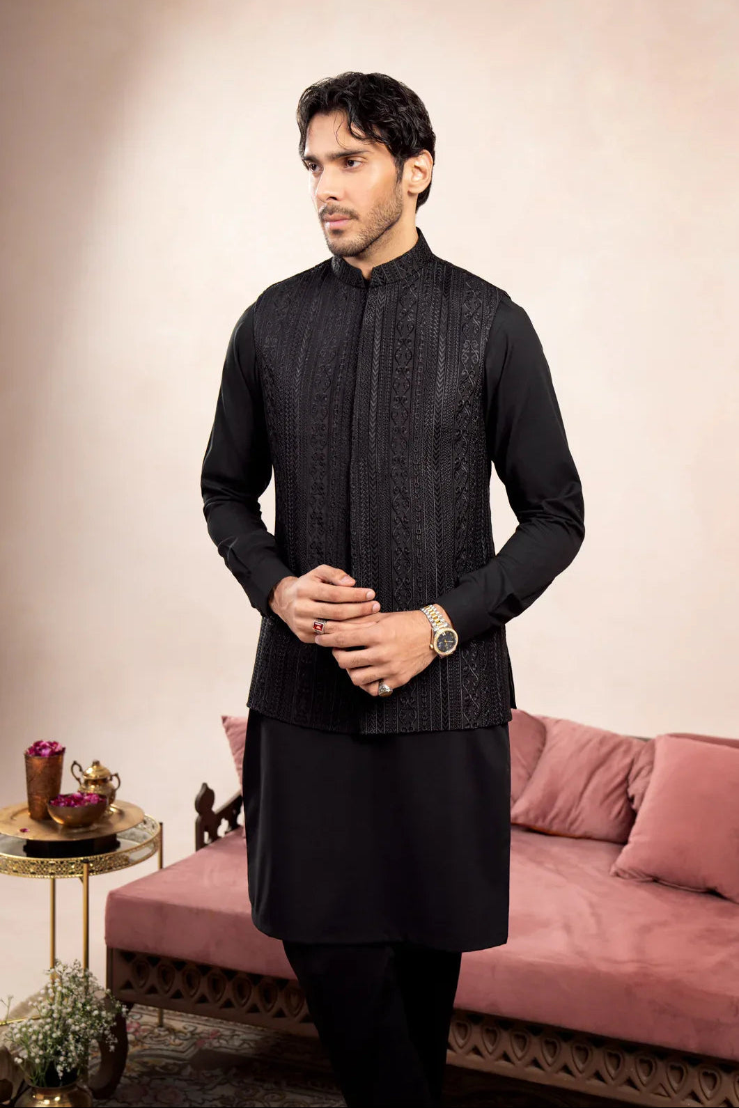 Black Kurta Trouser with Cross Stitched Embroidered Waistcoat - 3PC - Men - Muraqsh -- Wedding Wear