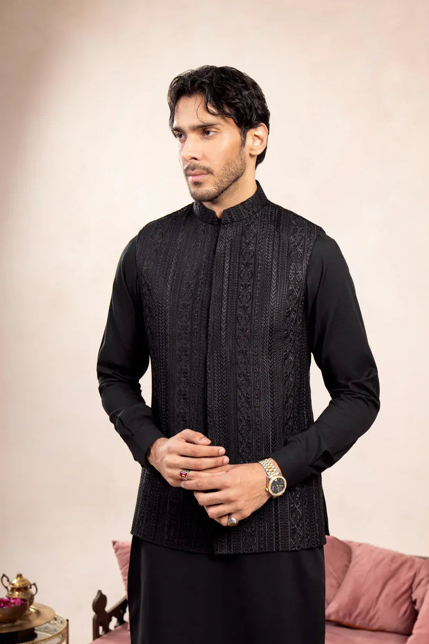 Black Cross Stitched Embroidered Waistcoat - Men - Muraqsh -- Wedding Wear