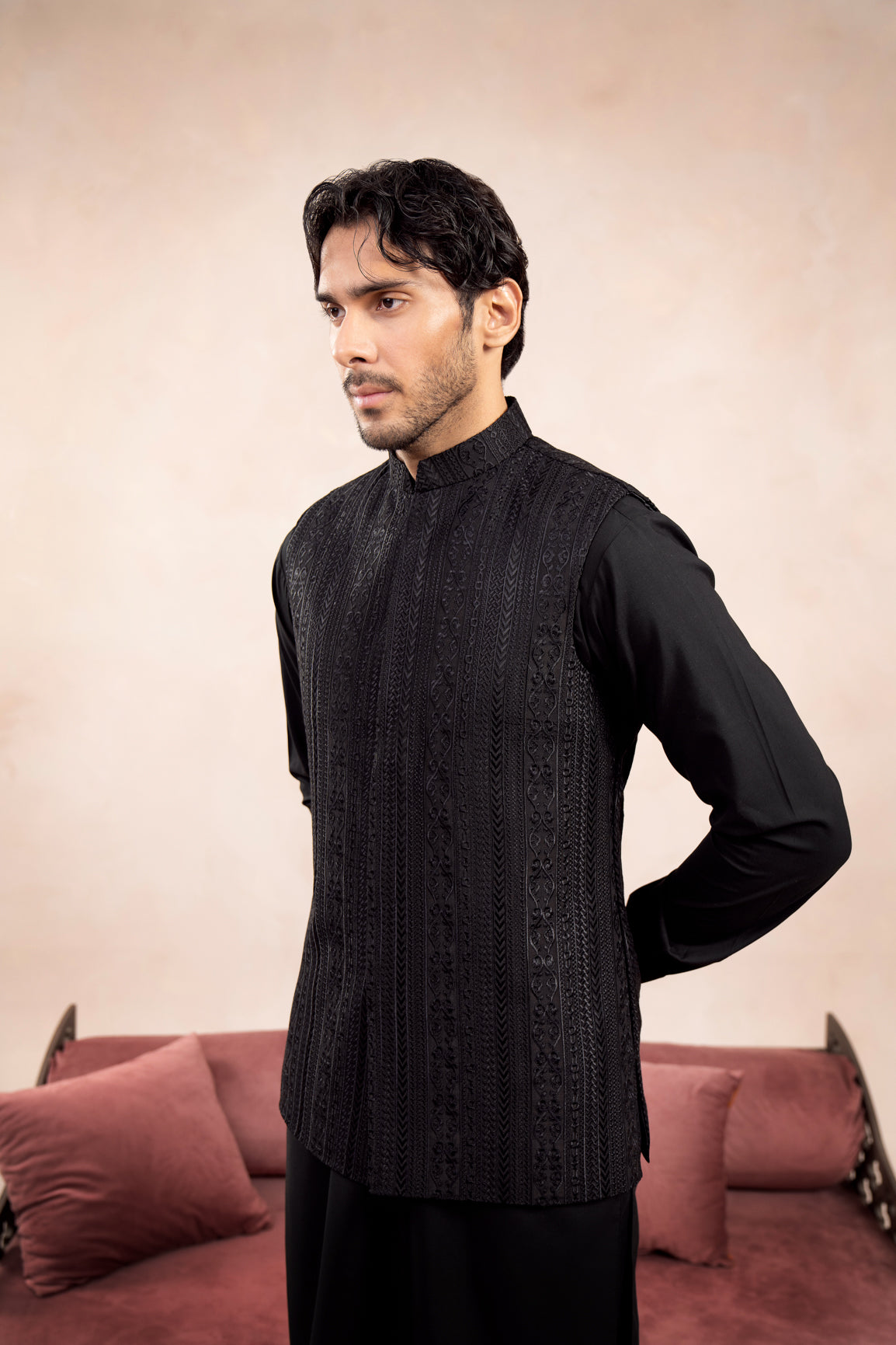 Black Kurta Trouser with Cross Stitched Embroidered Waistcoat - 3PC - Men