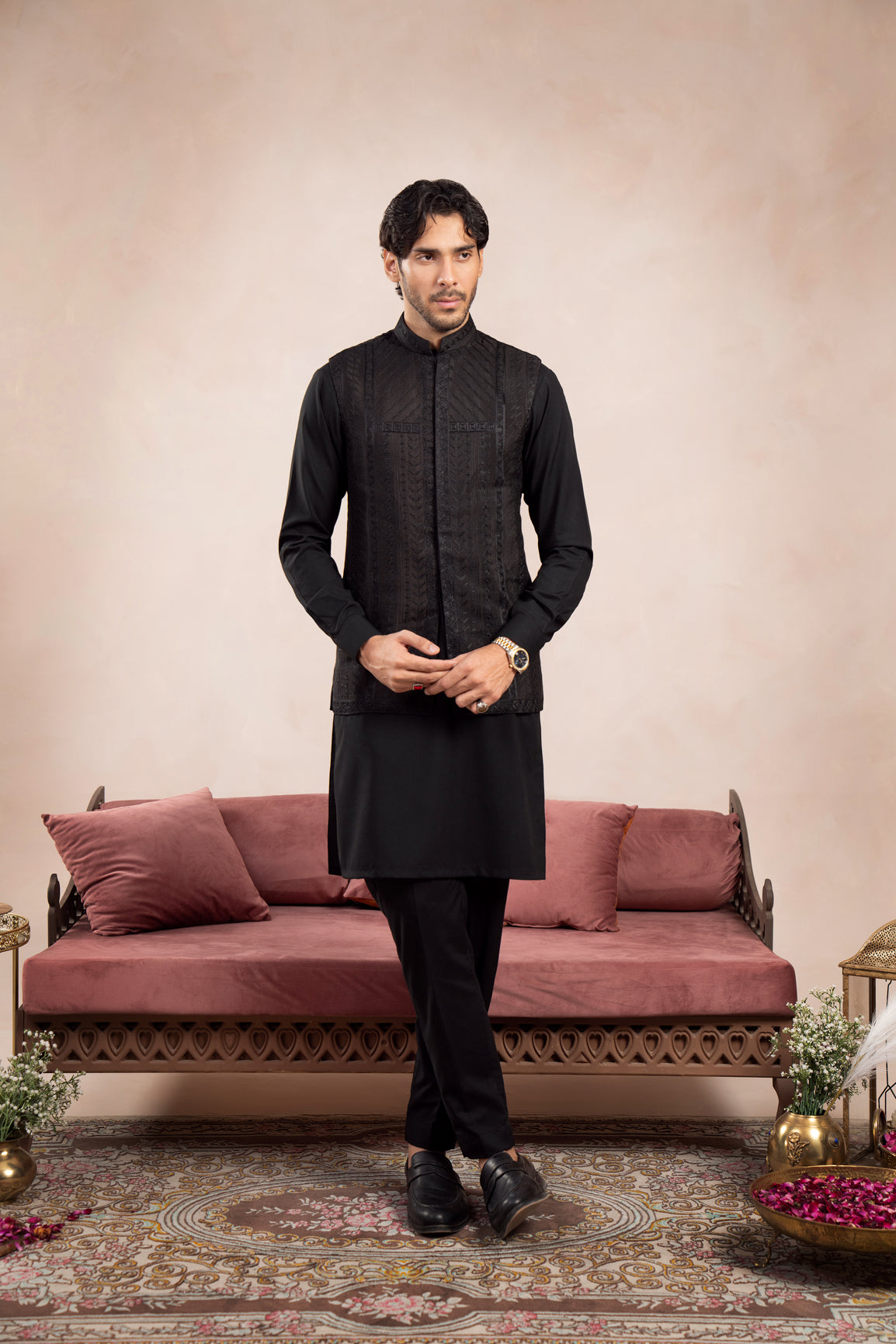 Black Kurta Trouser with Royal Embroidered Waistcoat - 3PC - Men