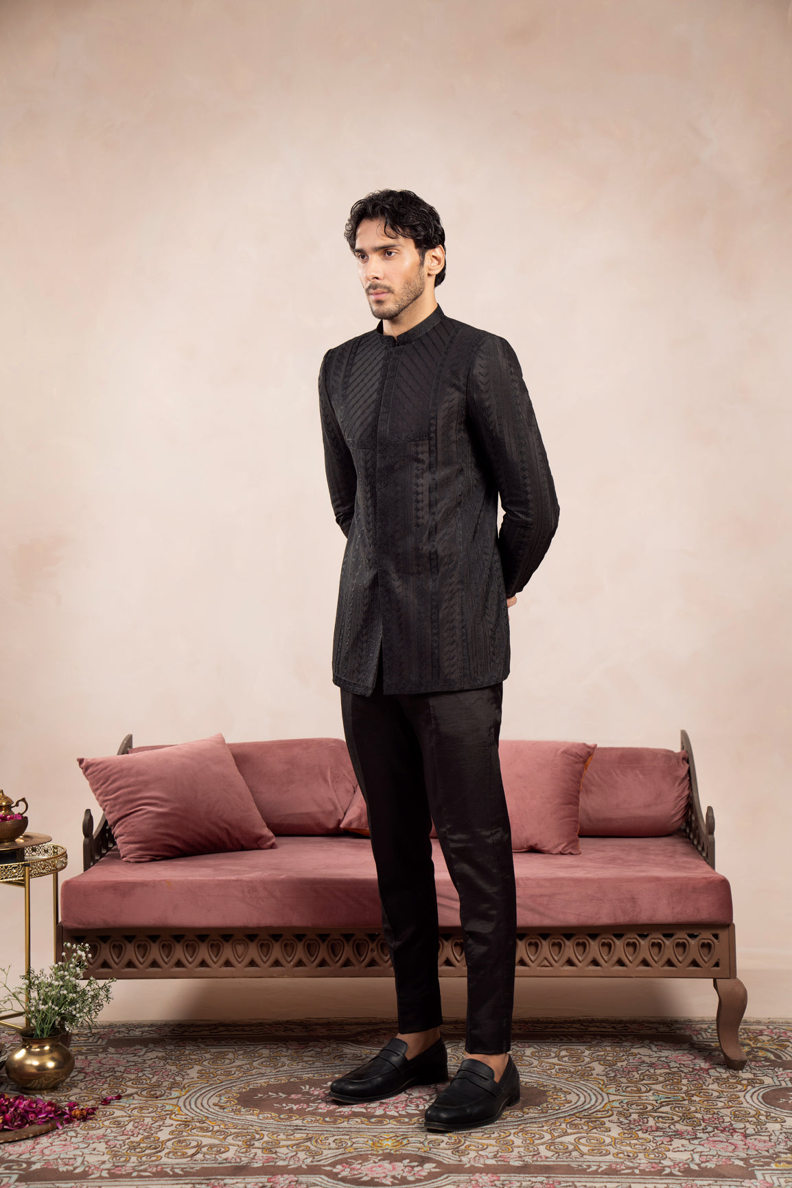 Black Royal Embroidered Prince Coat with Trouser - 2PC - Men