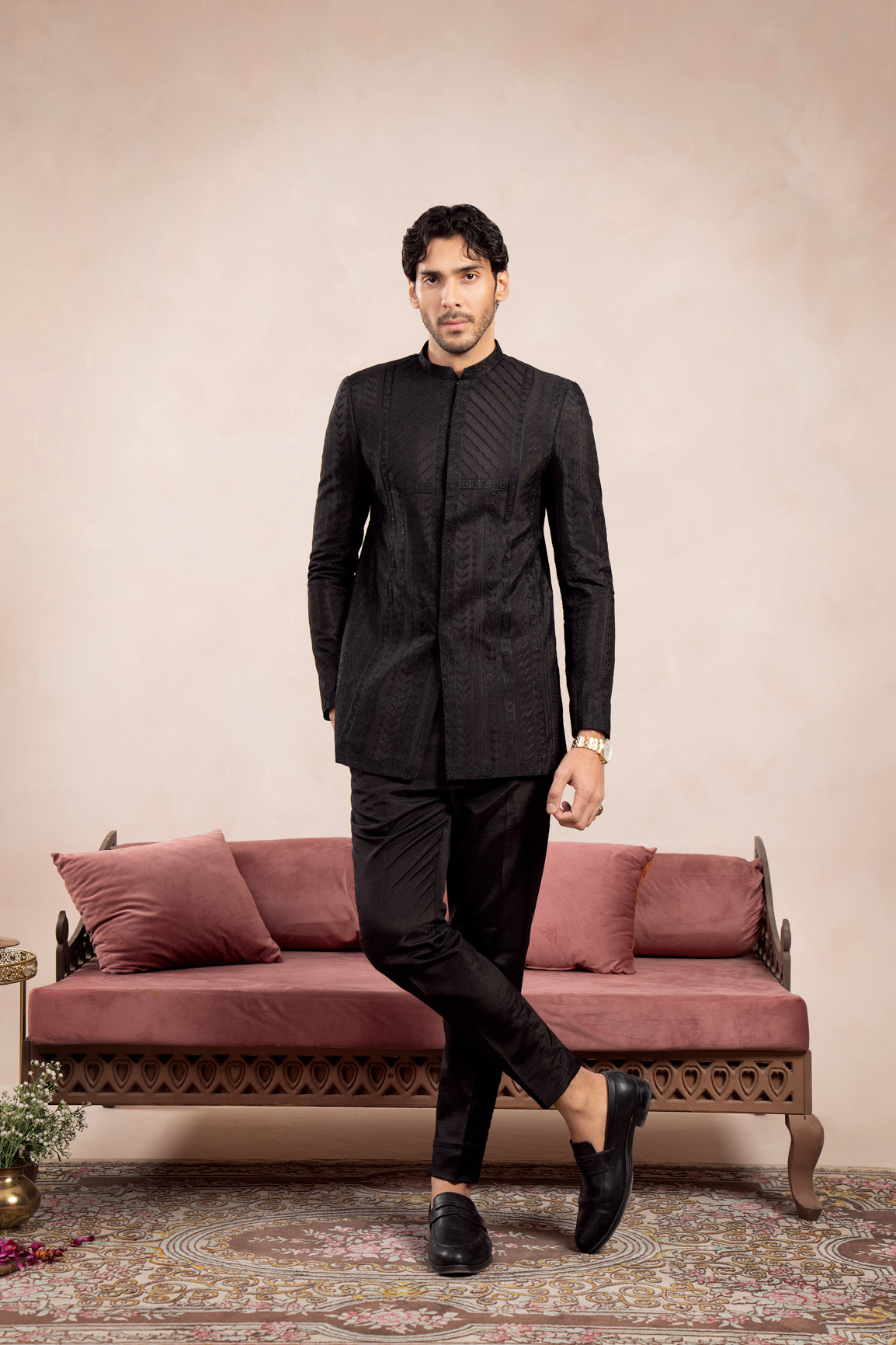 Black Royal Embroidered Prince Coat - Men