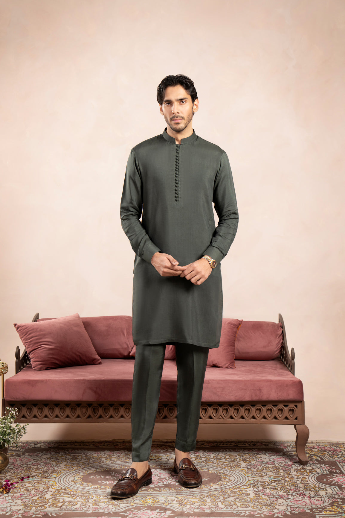 Olive Green Viscose Silk Kurta Trouser - Loop Buttons - Men