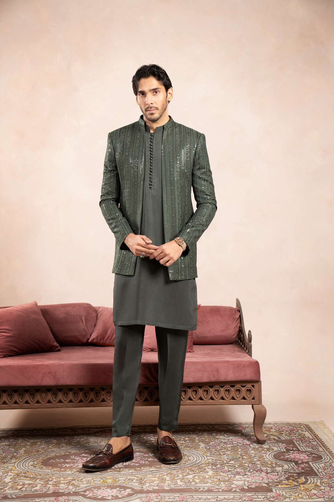 Olive Green Falling Embroidered Open Prince Coat - Men