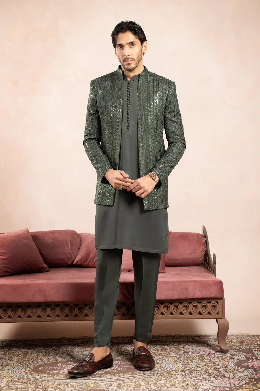 Olive Green Loop Kurta Trouser with Falling Embroidered Open Prince Coat - 3PC - Men - Muraqsh -- Wedding Wear