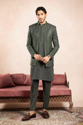 Olive Green Loop Kurta Trouser with Falling Embroidered Open Prince Coat - 3PC - Men