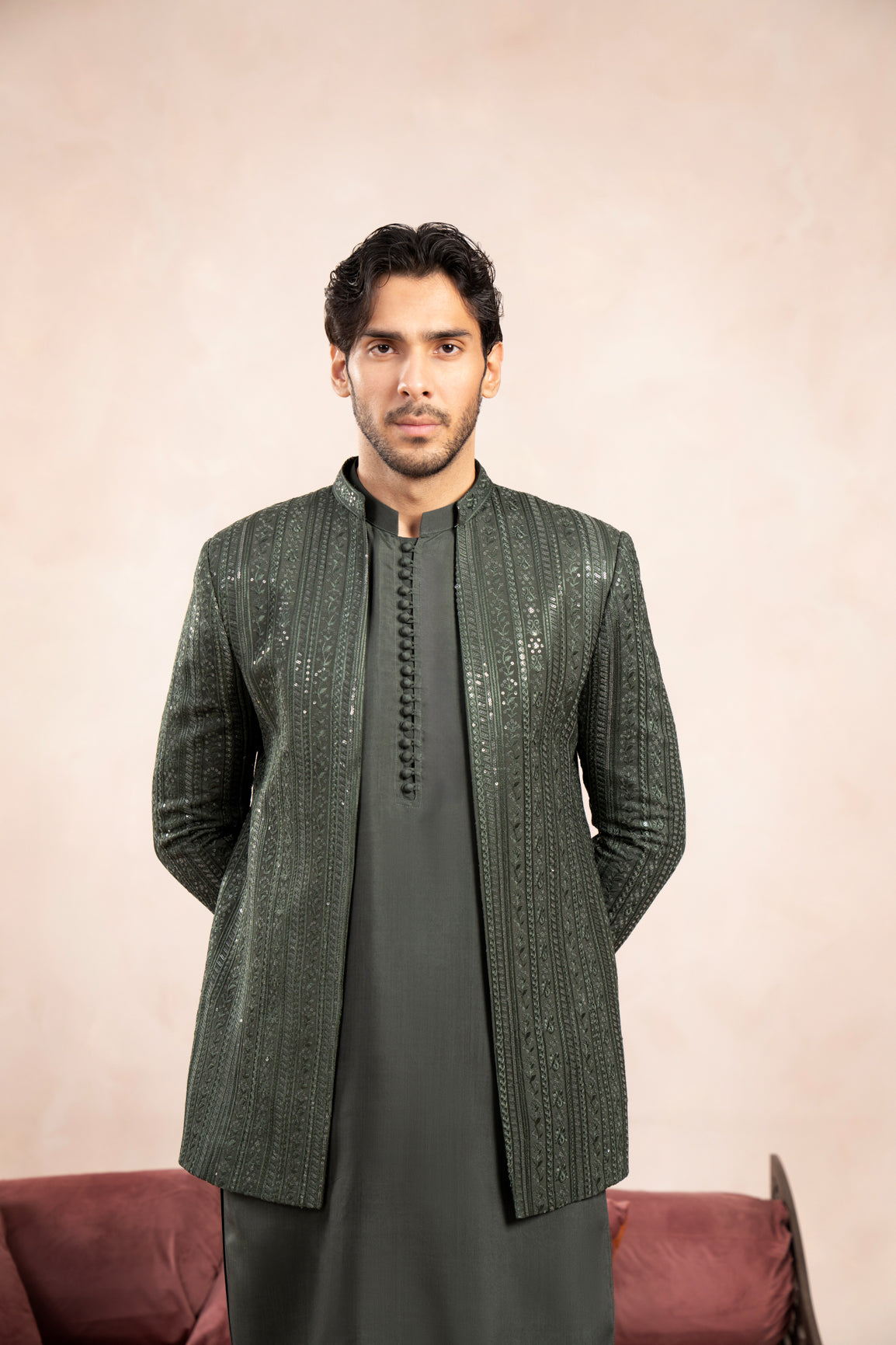 Olive Green Loop Kurta Trouser with Falling Embroidered Open Prince Coat - 3PC - Men