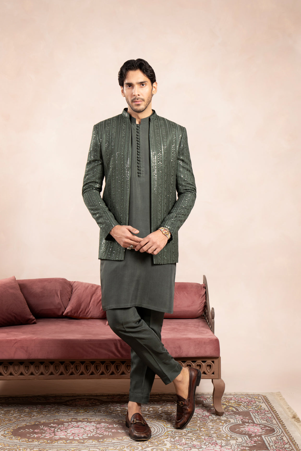 Olive Green Loop Kurta Trouser with Falling Embroidered Open Prince Coat - 3PC - Men