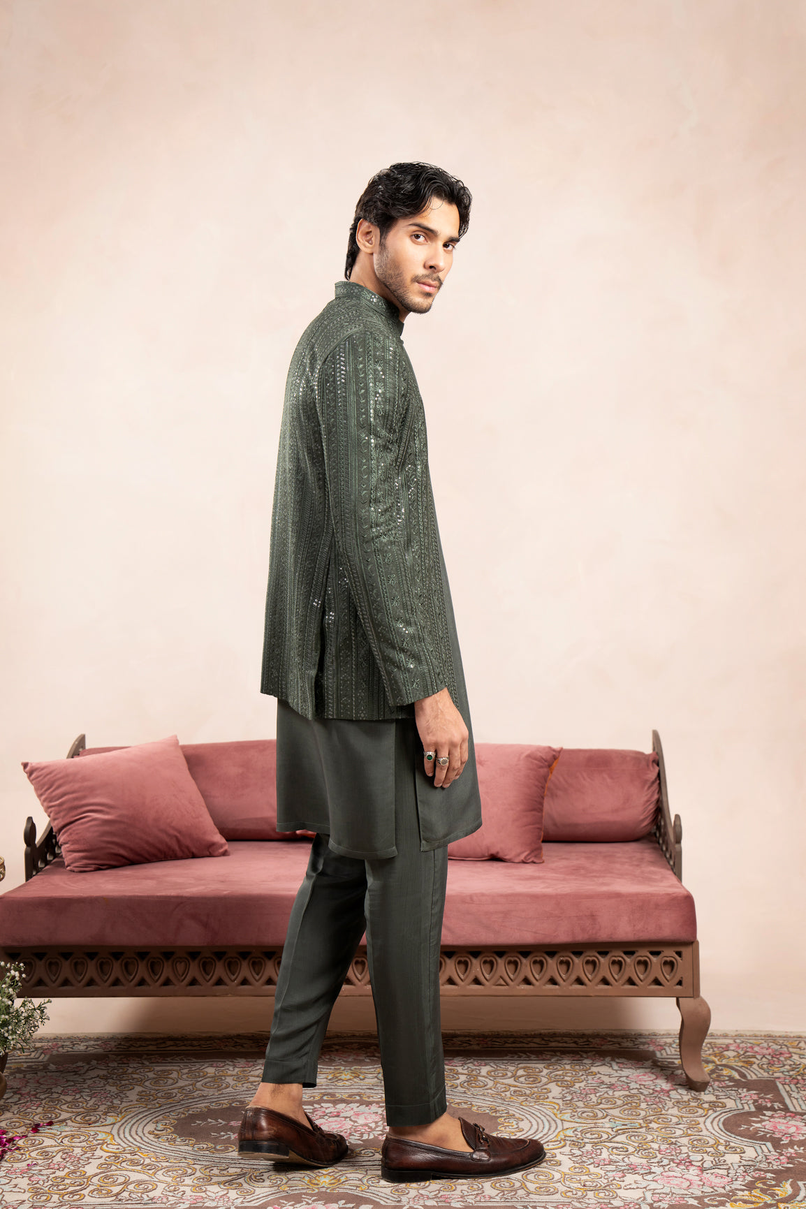 Olive Green Loop Kurta Trouser with Falling Embroidered Open Prince Coat - 3PC - Men