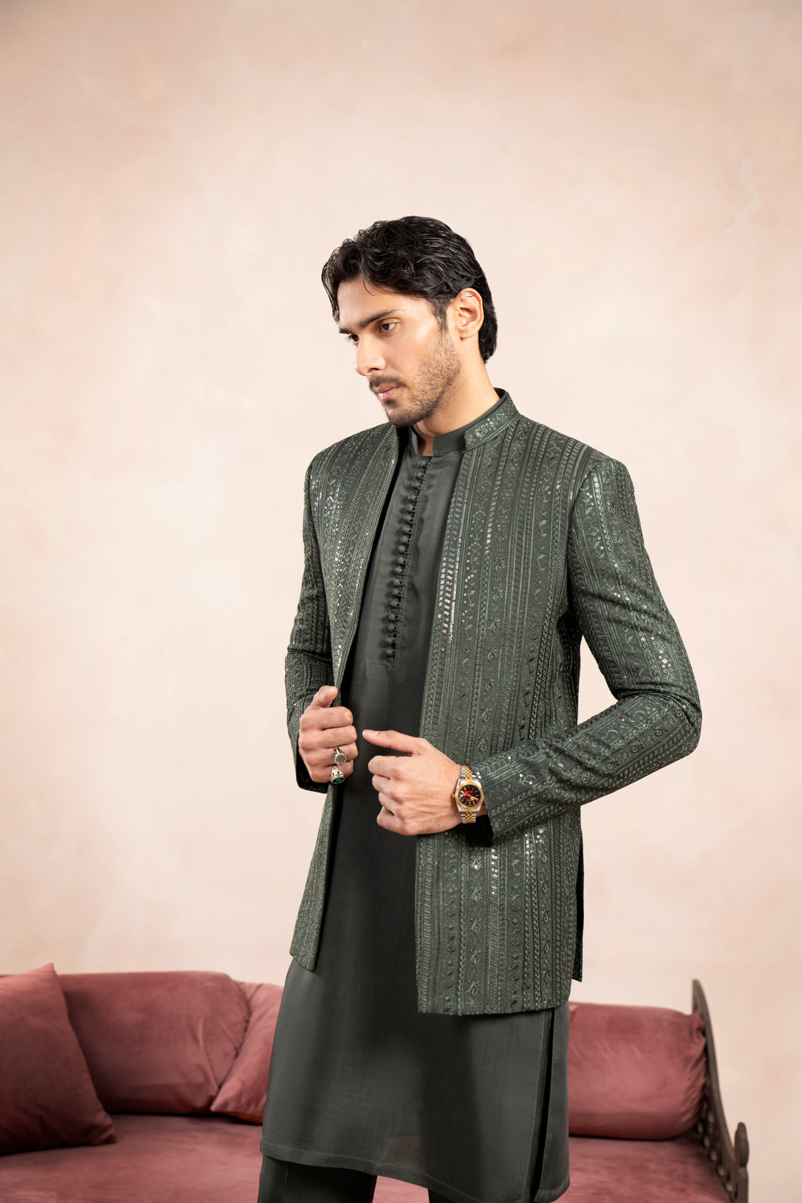 Olive Green Falling Embroidered Open Prince Coat - Men