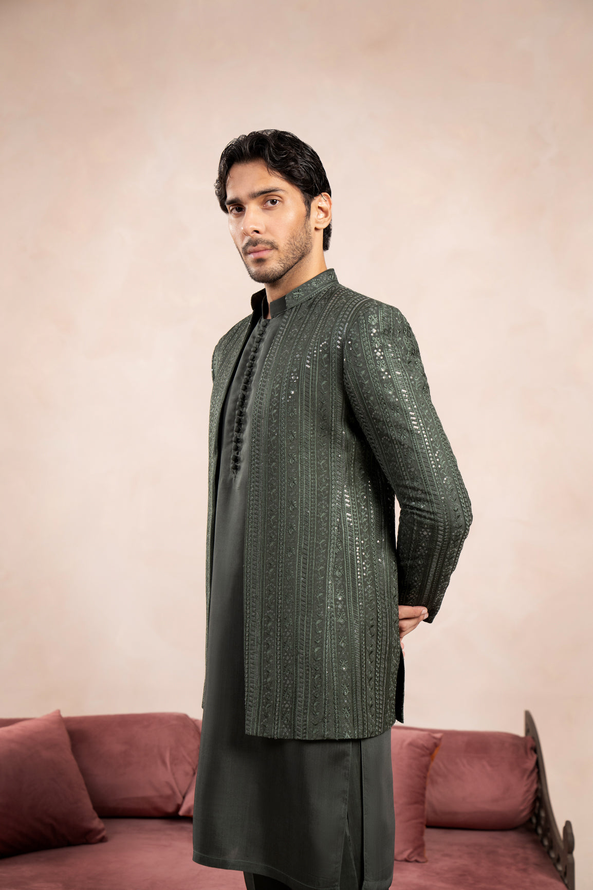 Olive Green Loop Kurta Trouser with Falling Embroidered Open Prince Coat - 3PC - Men