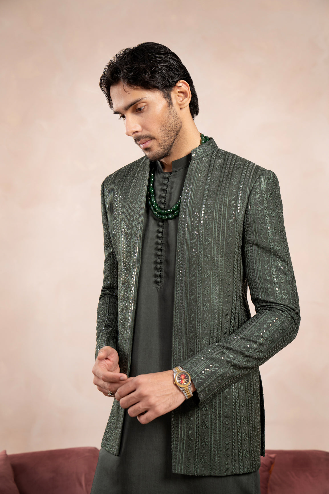 Olive Green Loop Kurta Trouser with Falling Embroidered Open Prince Coat - 3PC - Men