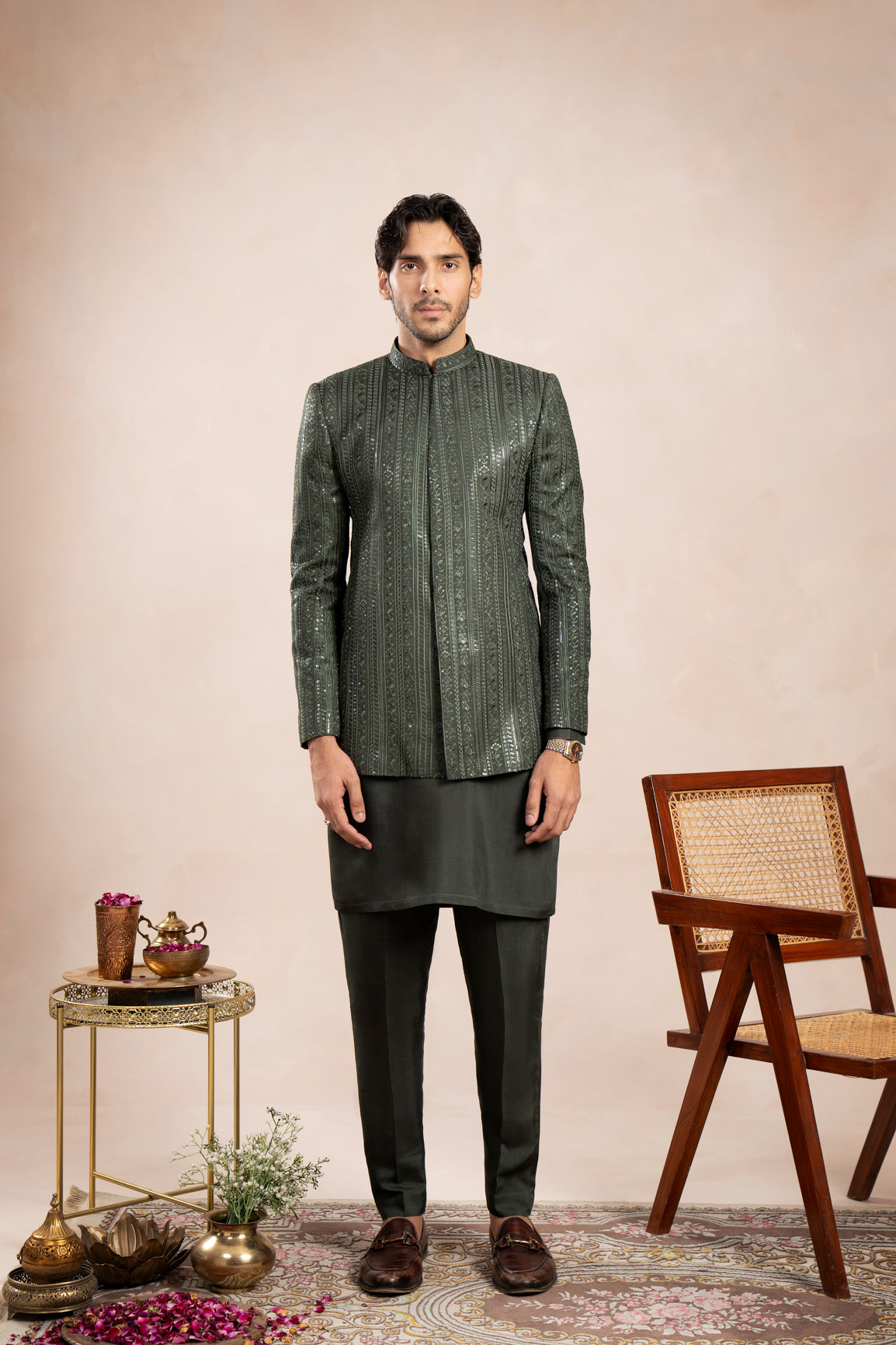 Olive Green Falling Embroidered Prince Coat - Men