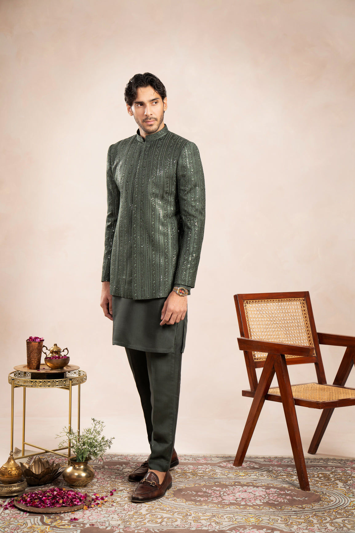 Olive Green Falling Embroidered Prince Coat - Men