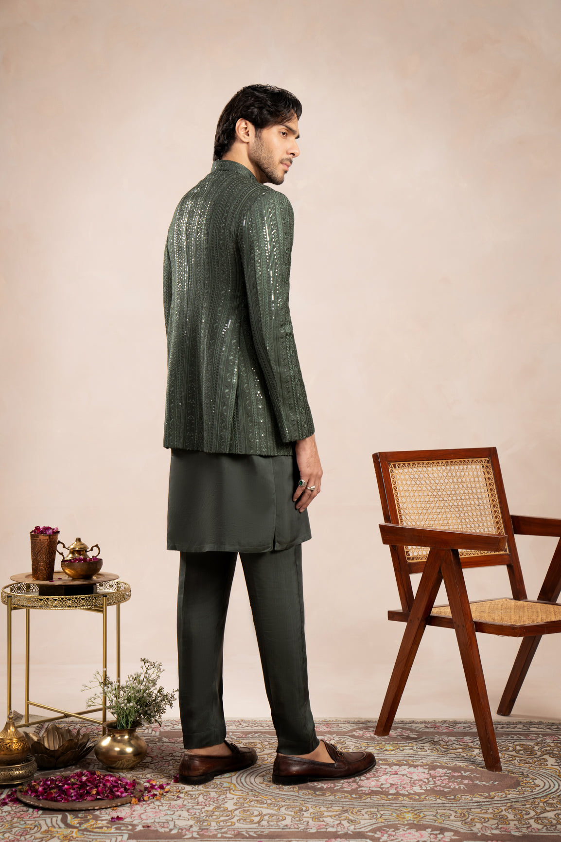 Olive Green Falling Embroidered Prince Coat - Men