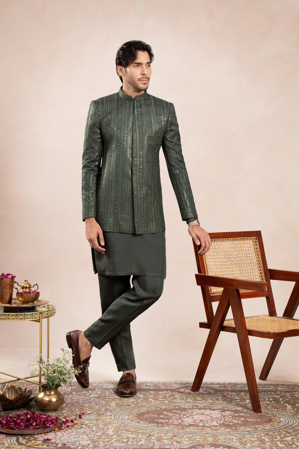 Olive Green Falling Embroidered Prince Coat - Men