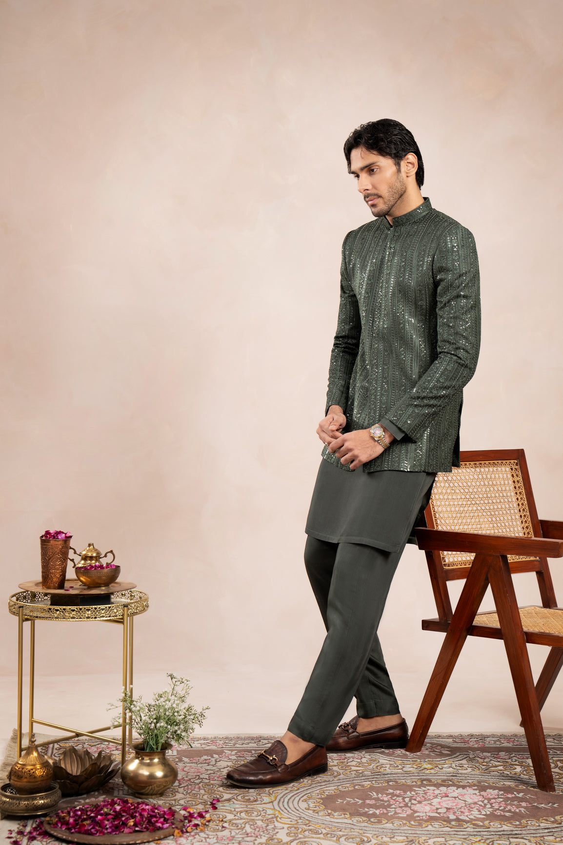 Olive Green Falling Embroidered Prince Coat - Men