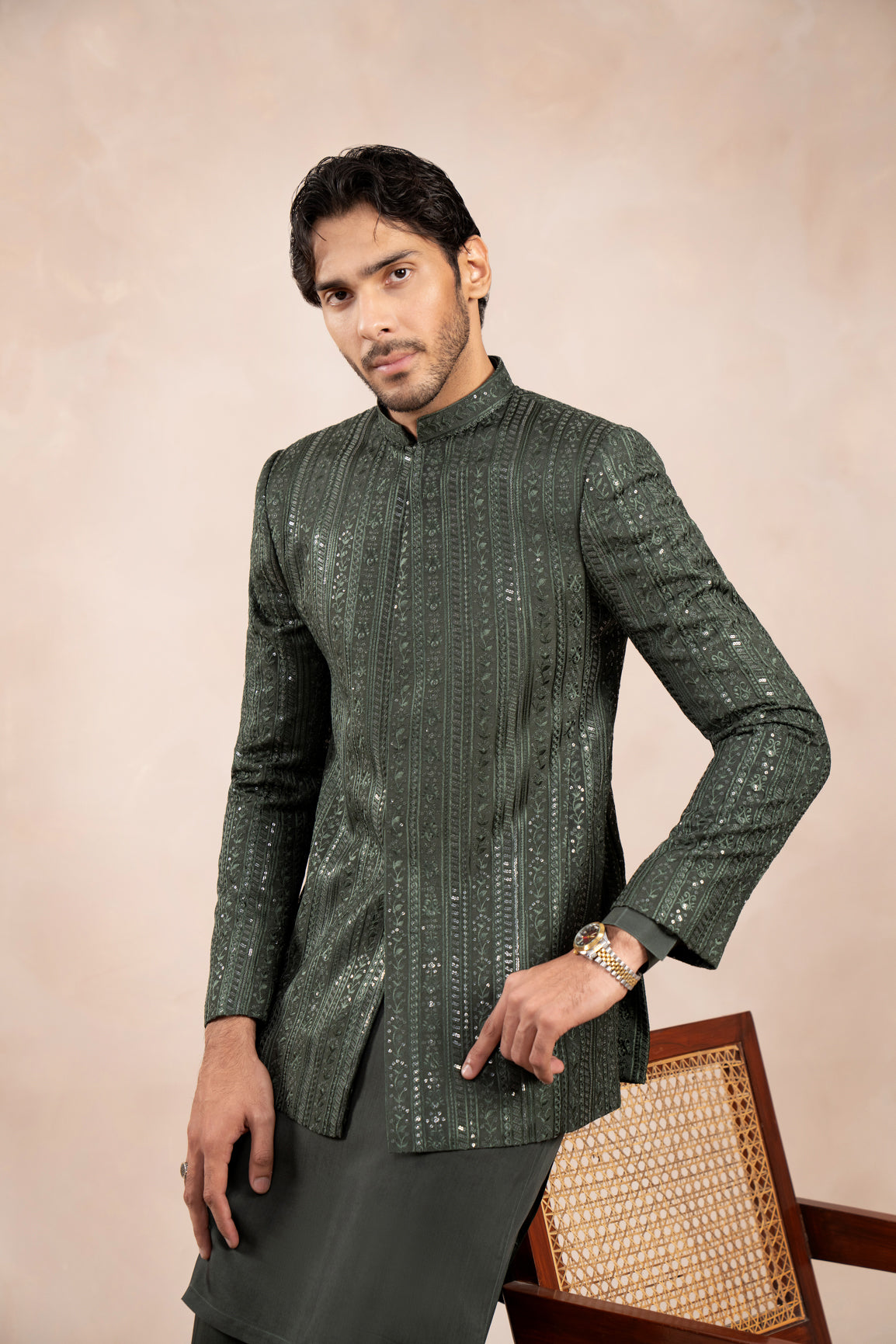 Olive Green Falling Embroidered Prince Coat - Men