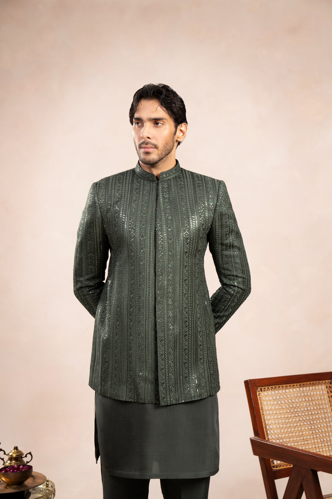 Olive Green Falling Embroidered Prince Coat - Men