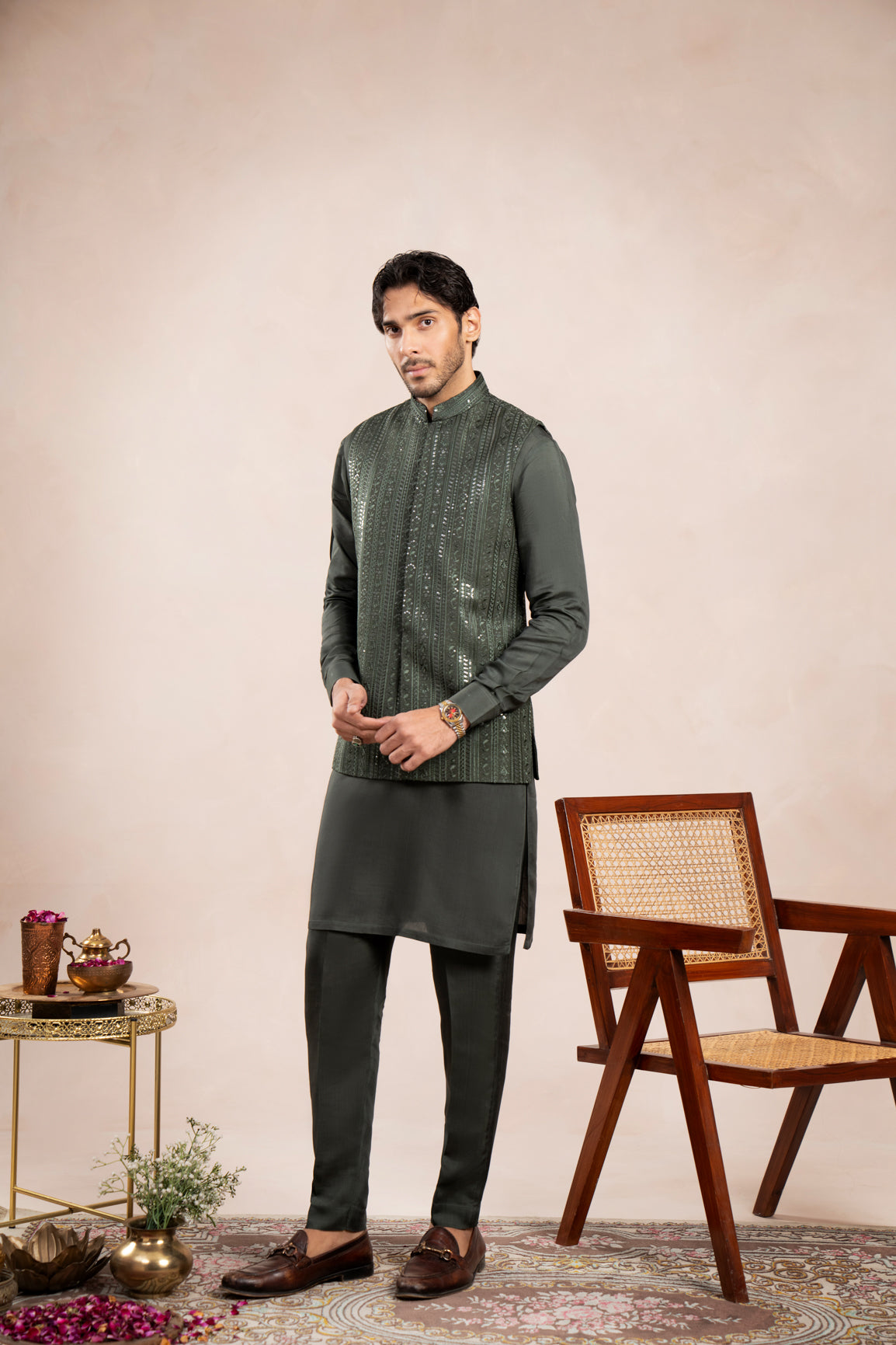 Olive Green Falling Embroidered Waistcoat - Men