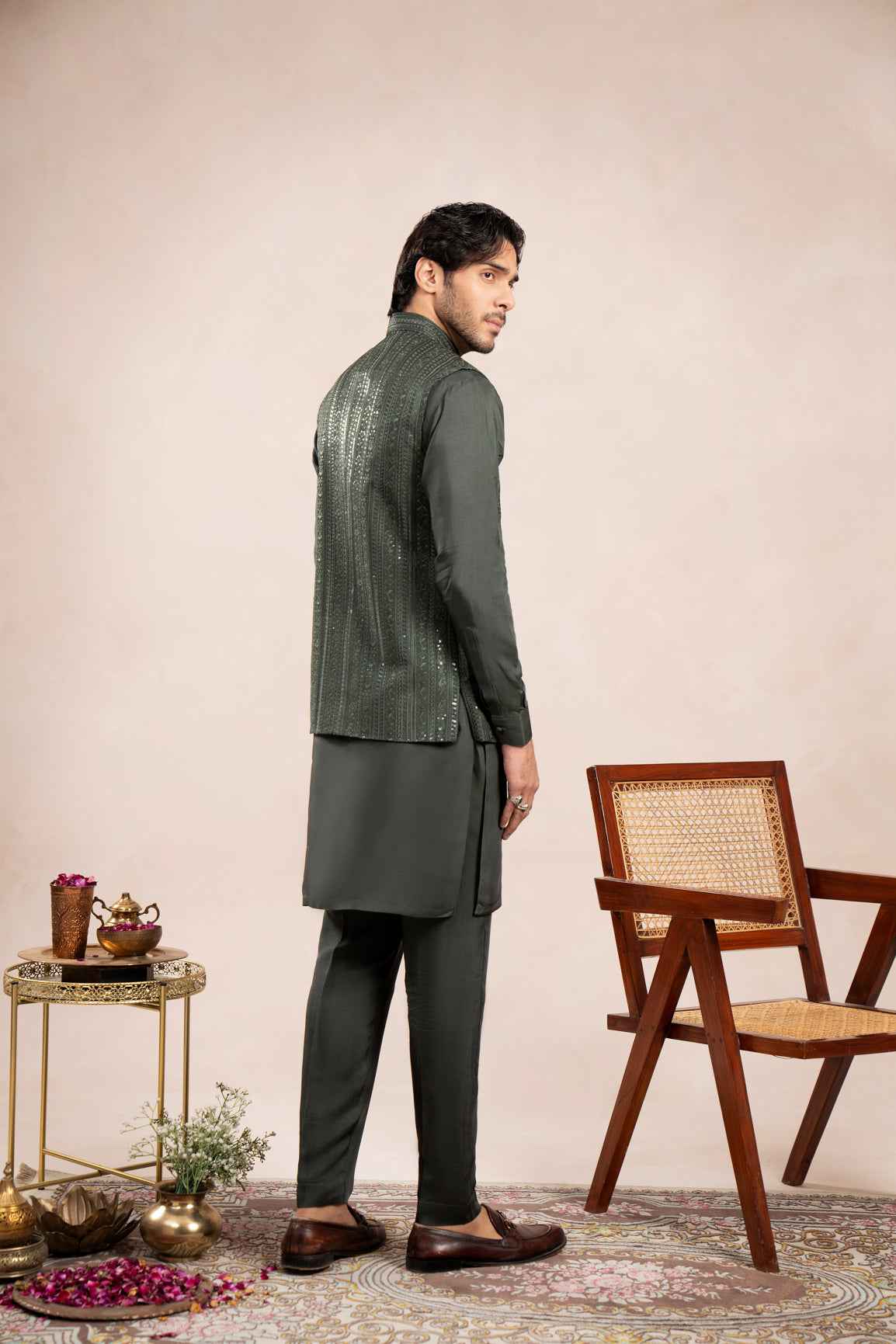 Olive Green Kurta Trouser with Falling Embroidered Waistcoat - 3PC - Men