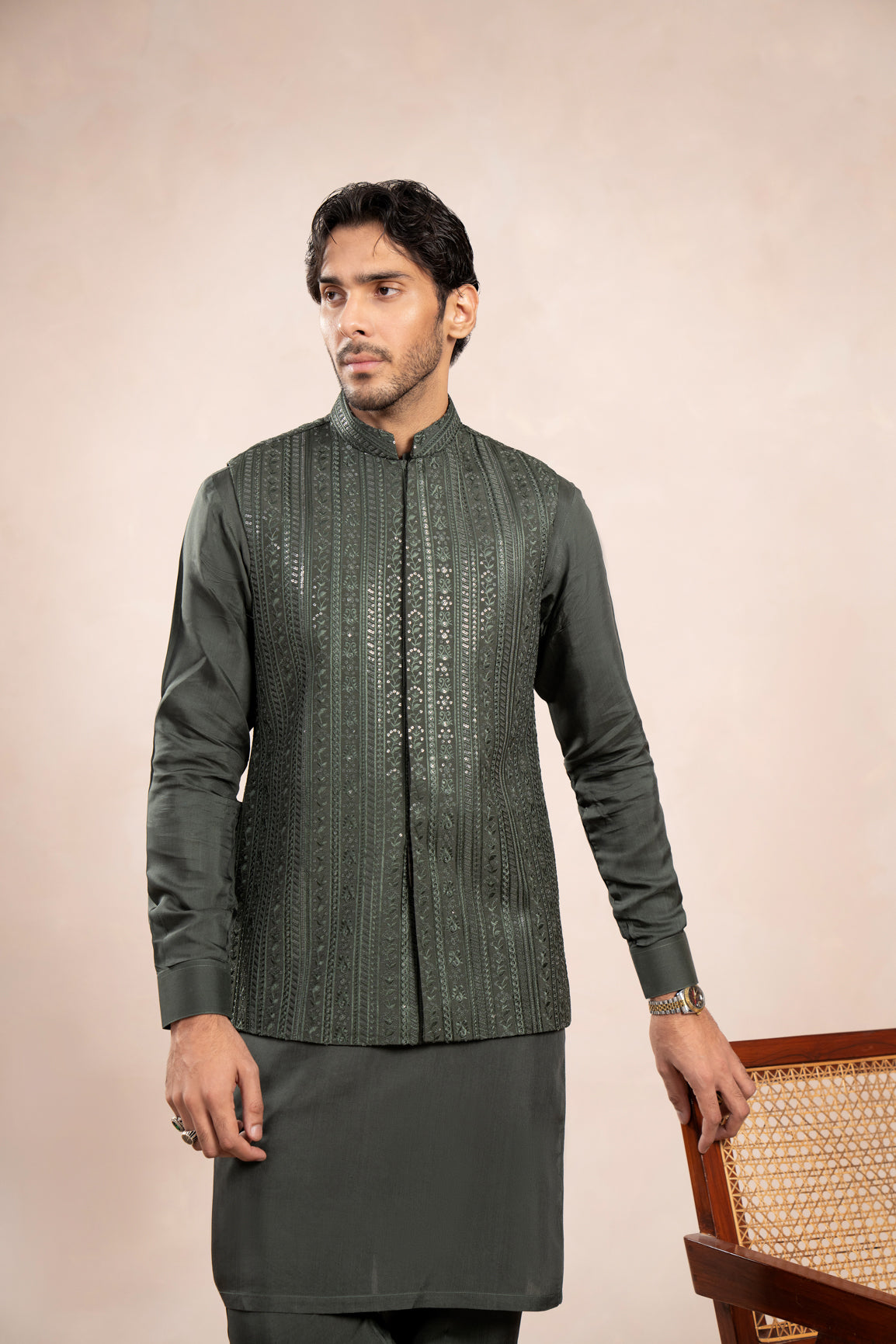 Olive Green Kurta Trouser with Falling Embroidered Waistcoat - 3PC - Men