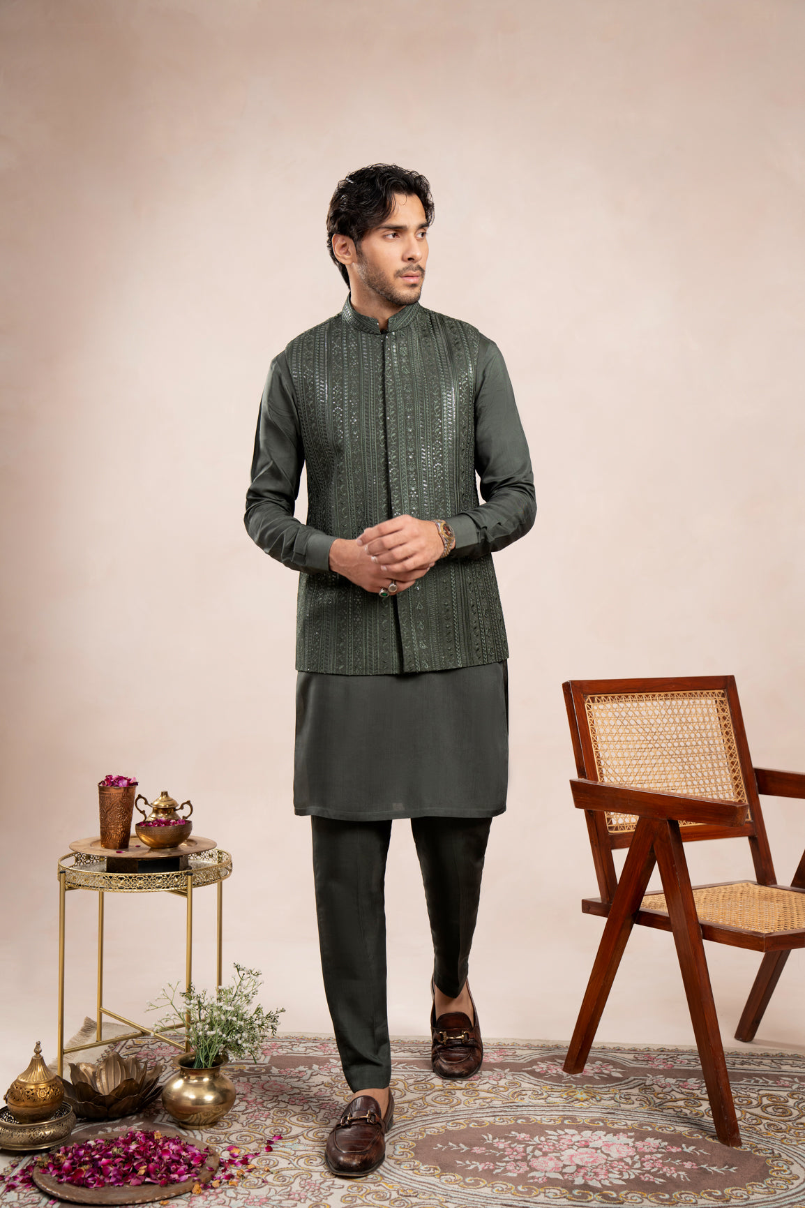 Olive Green Kurta Trouser with Falling Embroidered Waistcoat - 3PC - Men