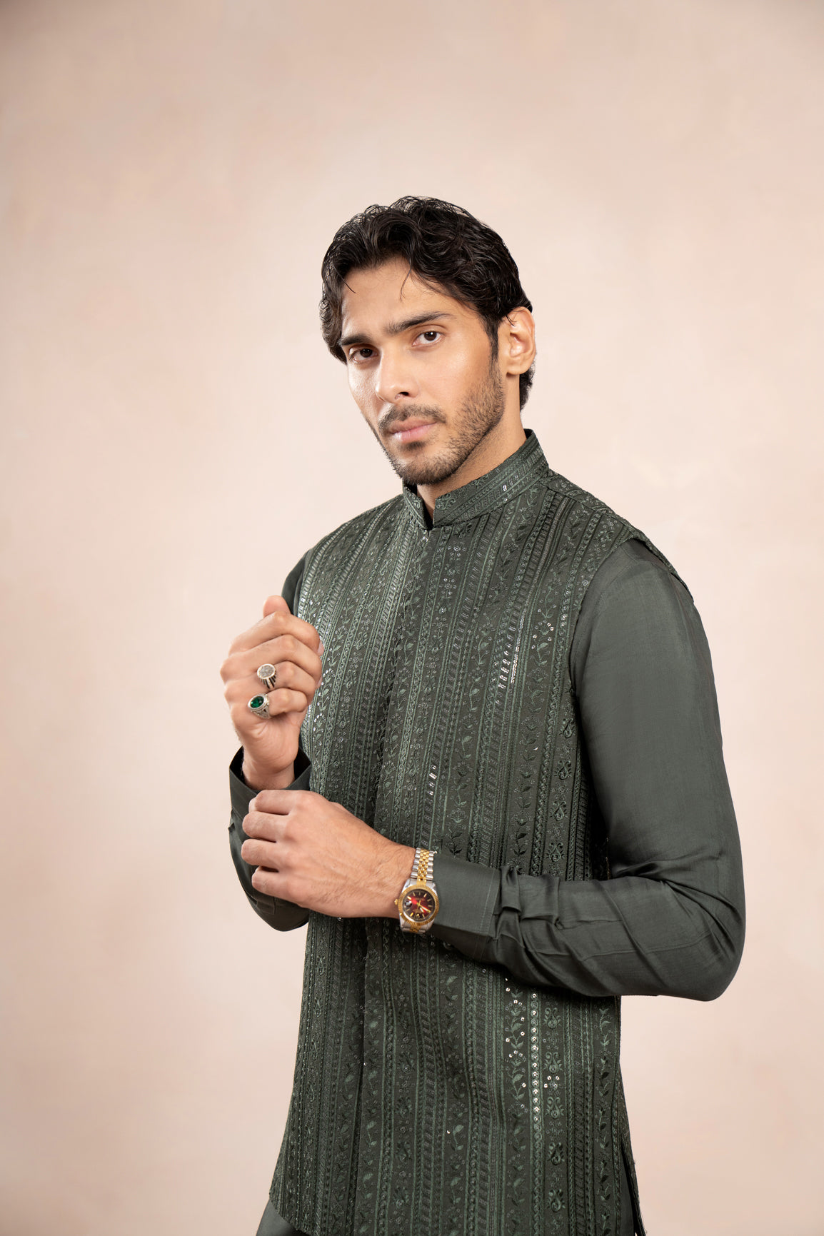 Olive Green Kurta Trouser with Falling Embroidered Waistcoat - 3PC - Men