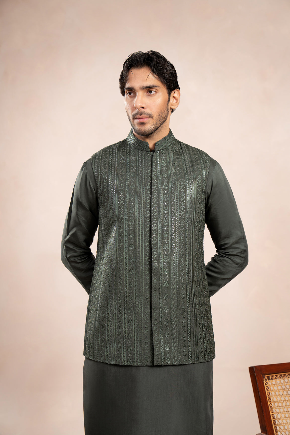 Olive Green Kurta Trouser with Falling Embroidered Waistcoat - 3PC - Men