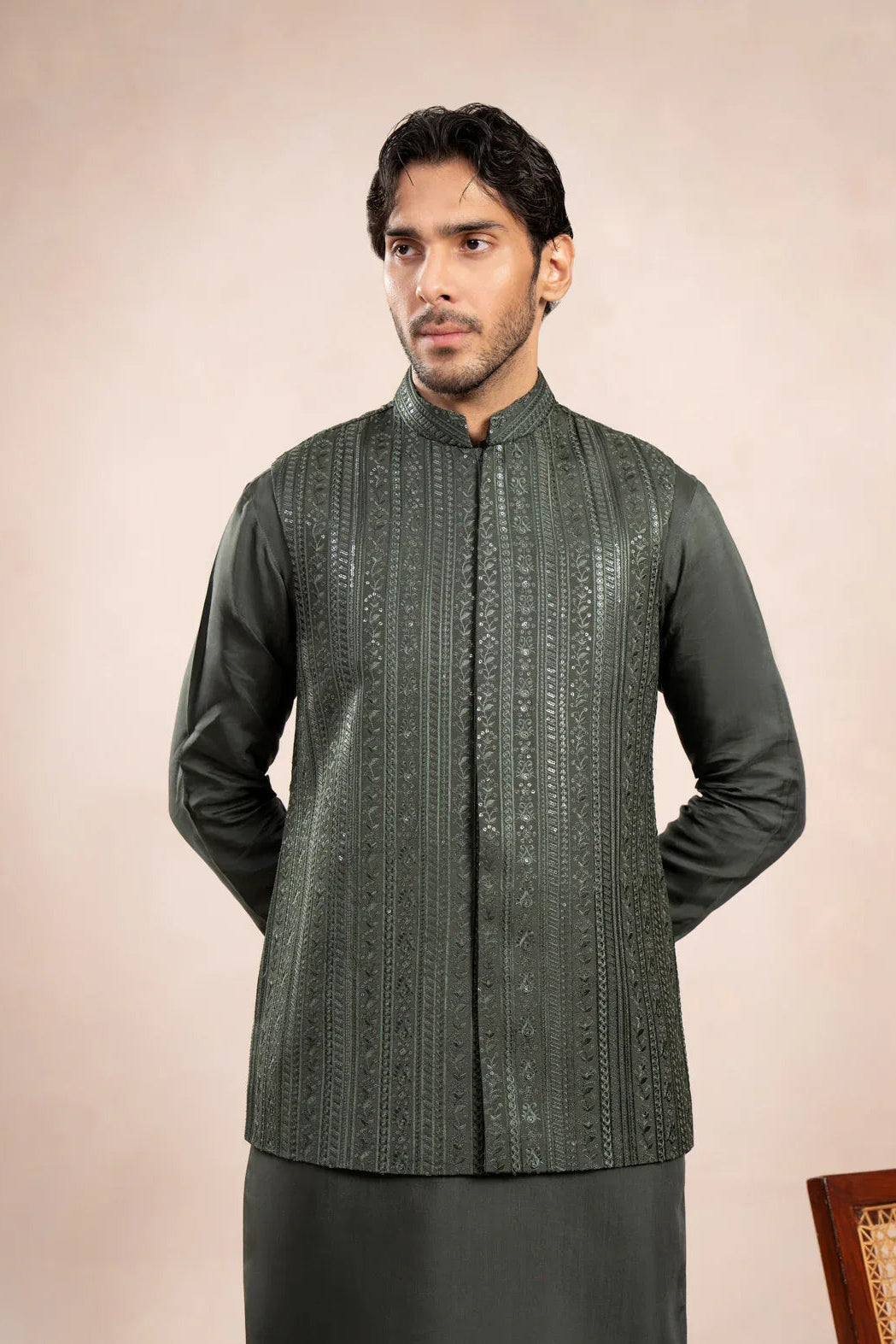 Olive Green Falling Embroidered Waistcoat - Men - Muraqsh -- Wedding Wear