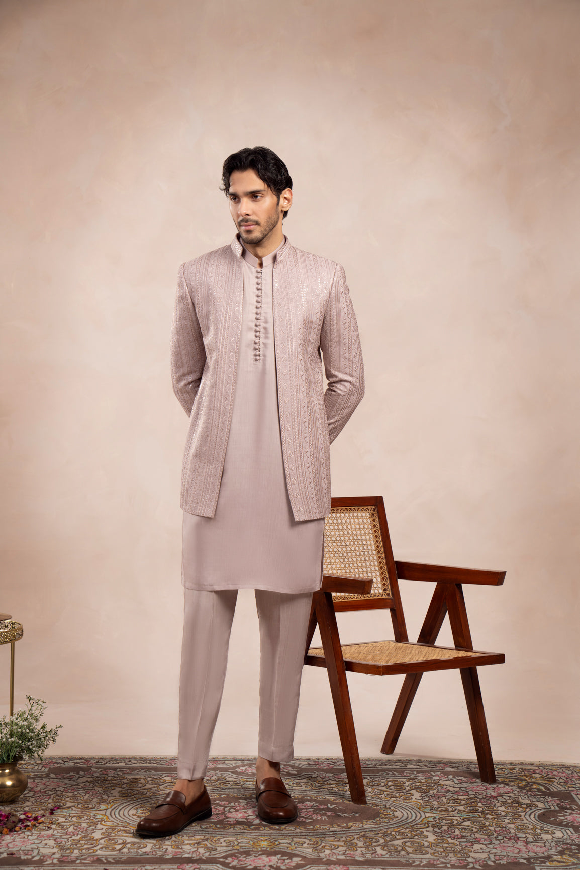 Pink Loop Kurta Trouser with Falling Embroidered Open Prince Coat - 3PC - Men