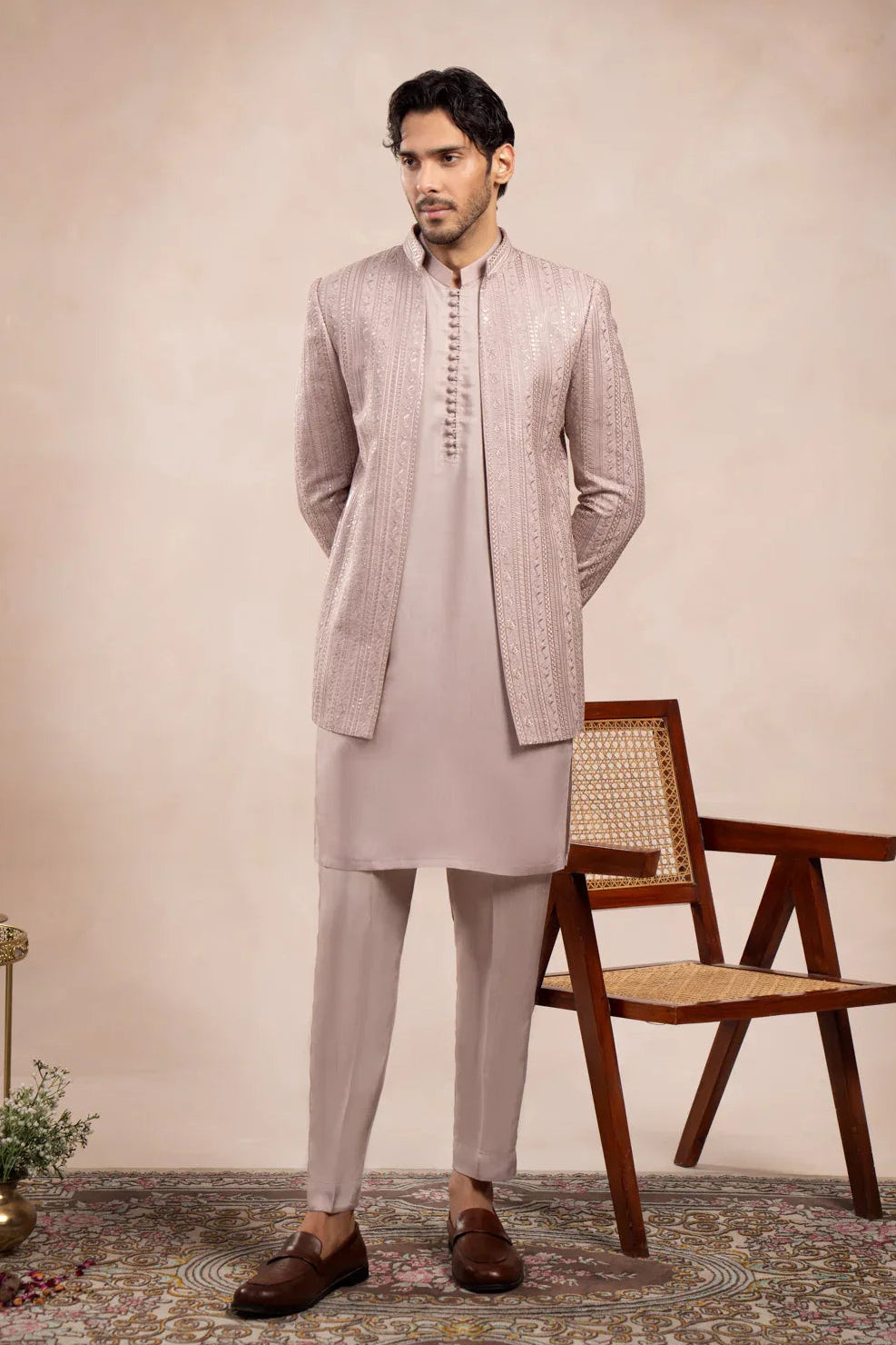 Pink Loop Kurta Trouser with Falling Embroidered Open Prince Coat - 3PC - Men - Muraqsh -- Wedding Wear