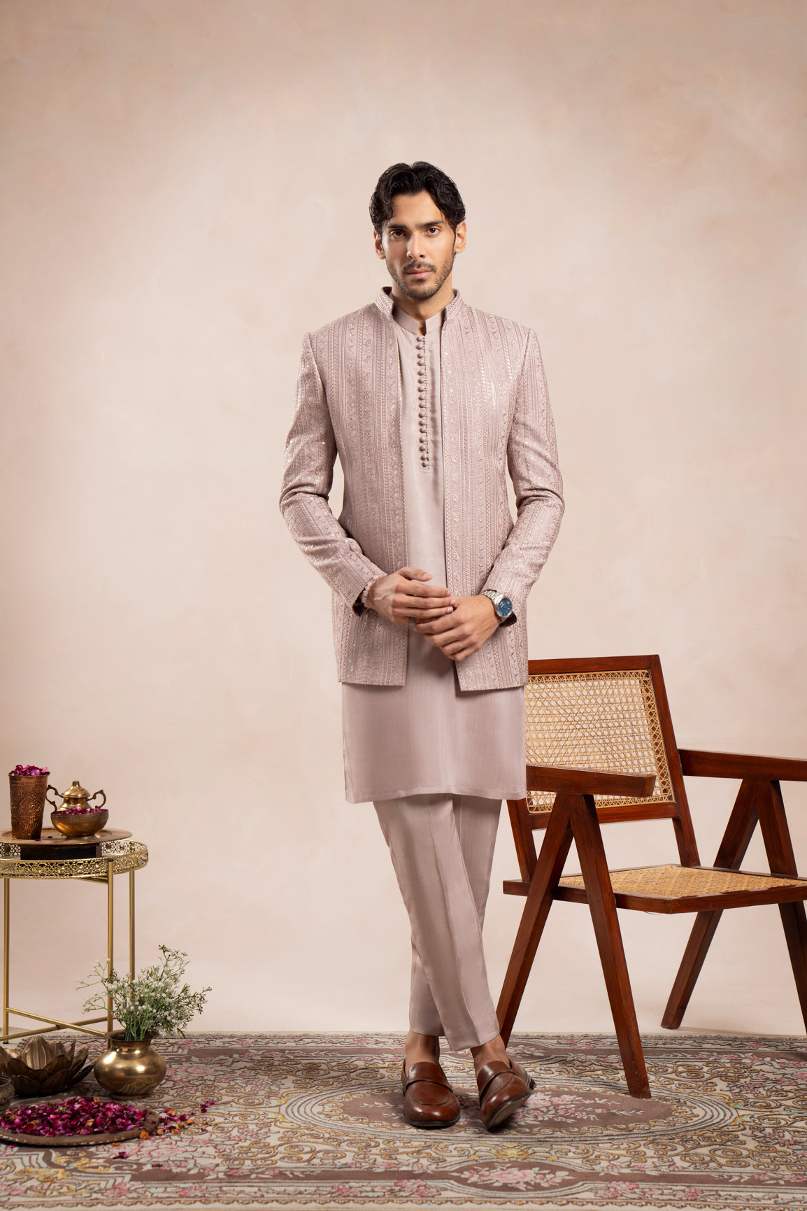 Pink Loop Kurta Trouser with Falling Embroidered Open Prince Coat - 3PC - Men