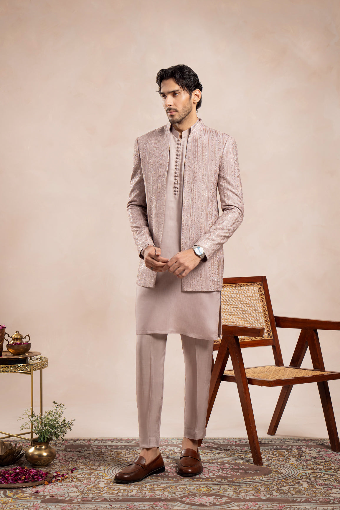 Pink Loop Kurta Trouser with Falling Embroidered Open Prince Coat - 3PC - Men