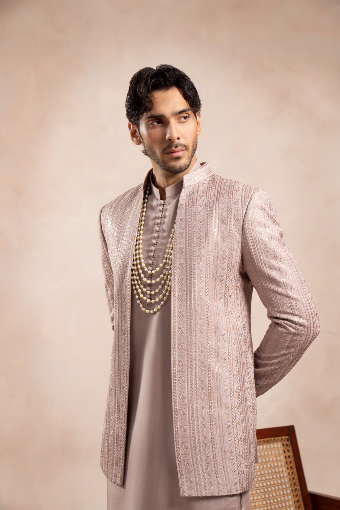 Pink Loop Kurta Trouser with Falling Embroidered Open Prince Coat - 3PC - Men