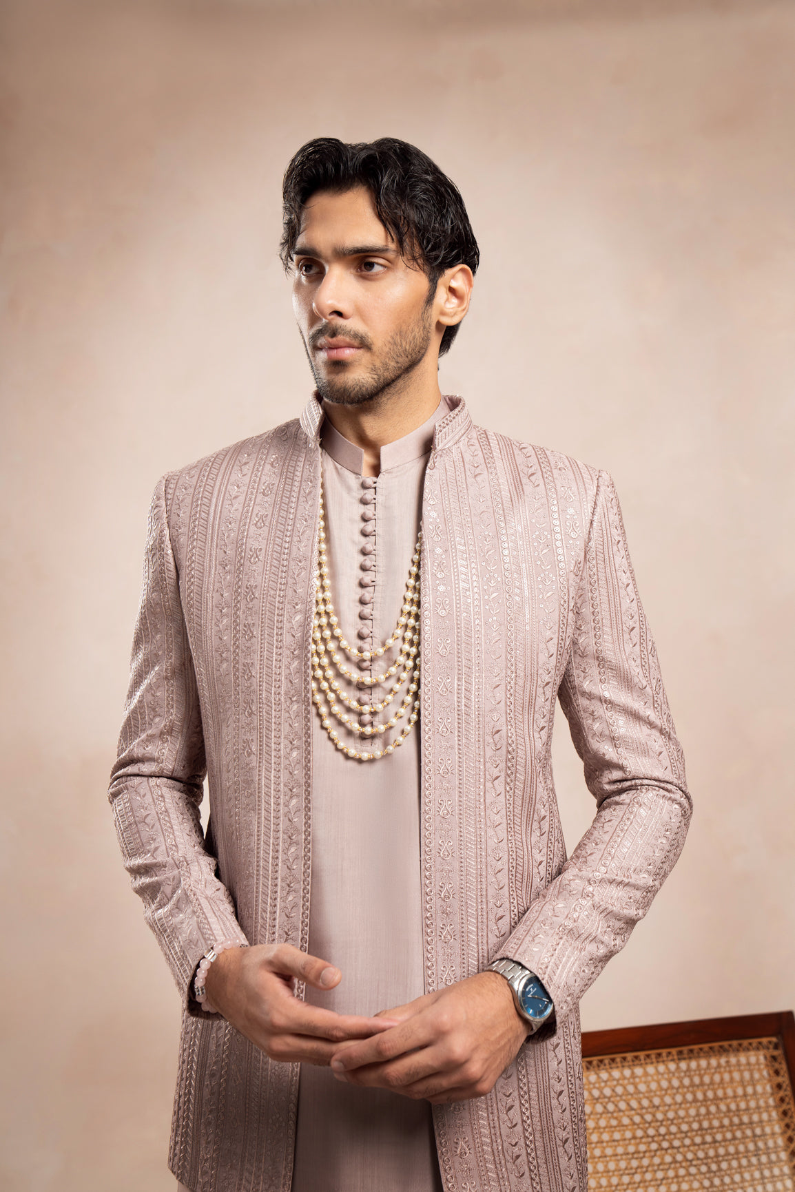 Pink Loop Kurta Trouser with Falling Embroidered Open Prince Coat - 3PC - Men