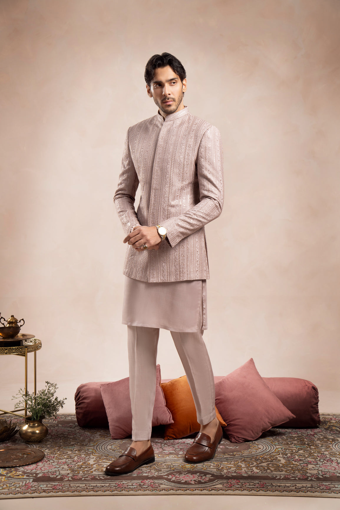 Pink Falling Embroidered Prince Coat - Men