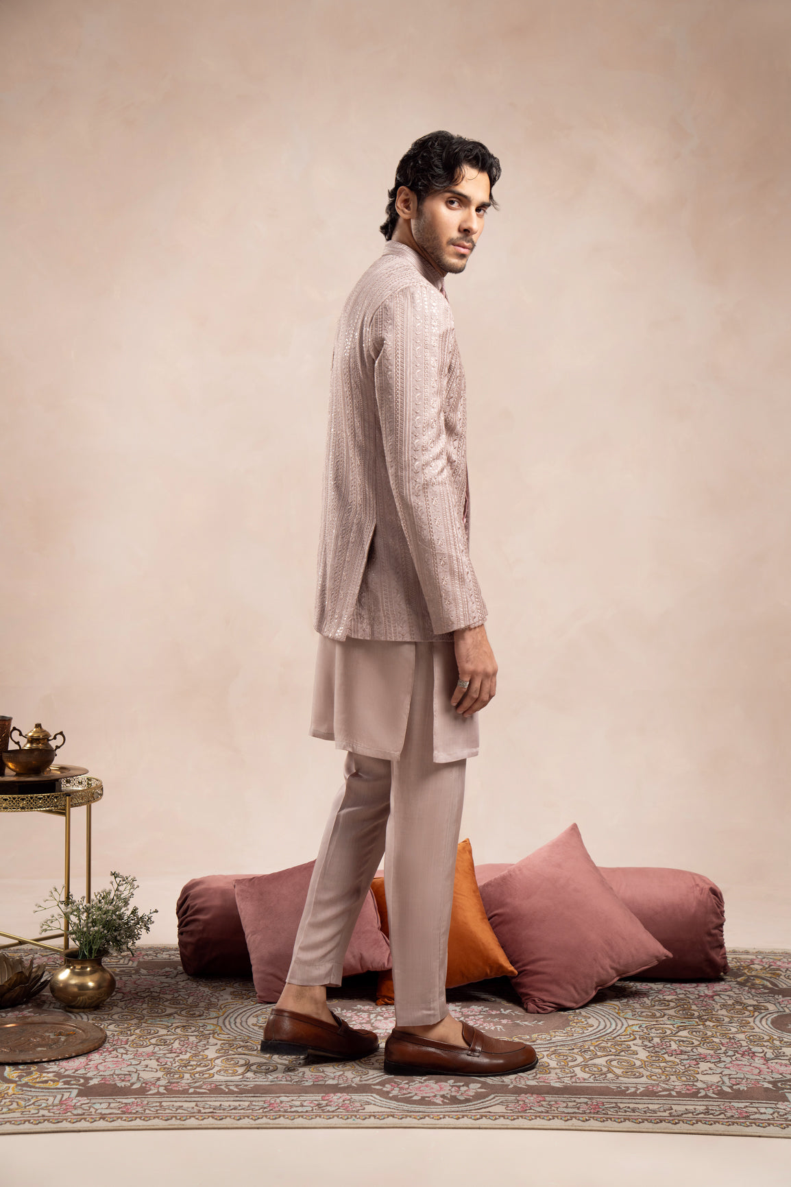 Pink Kurta Trouser with Falling Embroidered Prince Coat - 3PC - Men