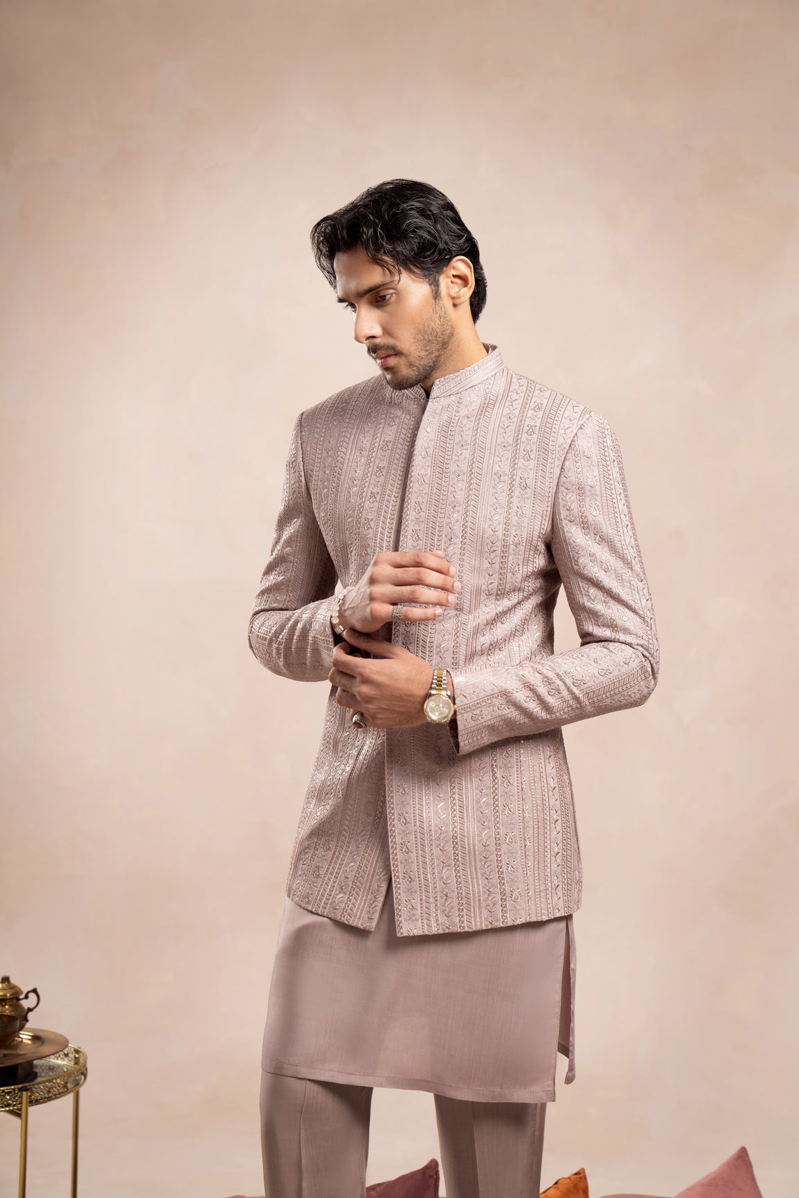 Pink Kurta Trouser with Falling Embroidered Prince Coat - 3PC - Men