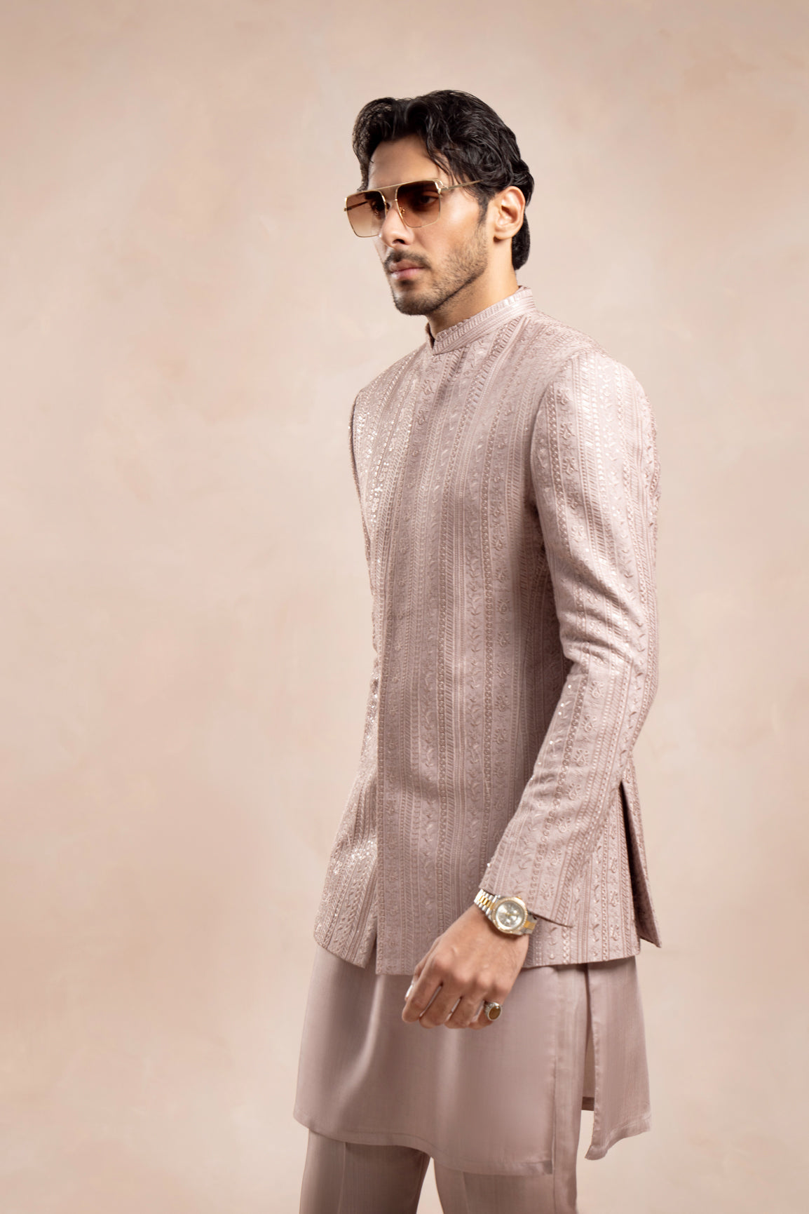 Pink Kurta Trouser with Falling Embroidered Prince Coat - 3PC - Men