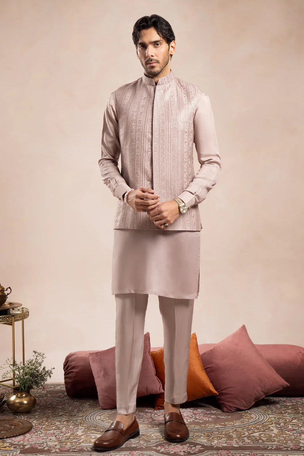 Pink Kurta Trouser Falling Embroidered Waistcoat - 3PC - Men - Muraqsh -- Wedding Wear