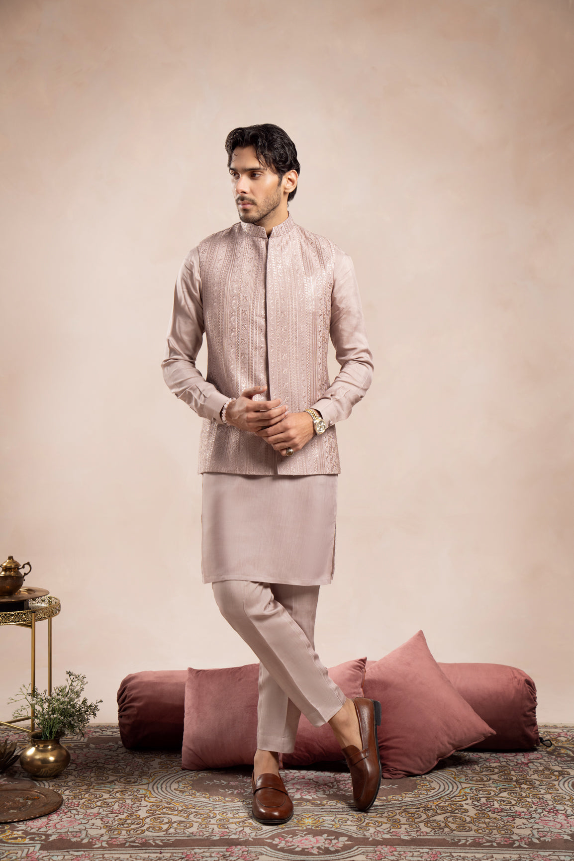 Pink Falling Embroidered Prince Coat - Men