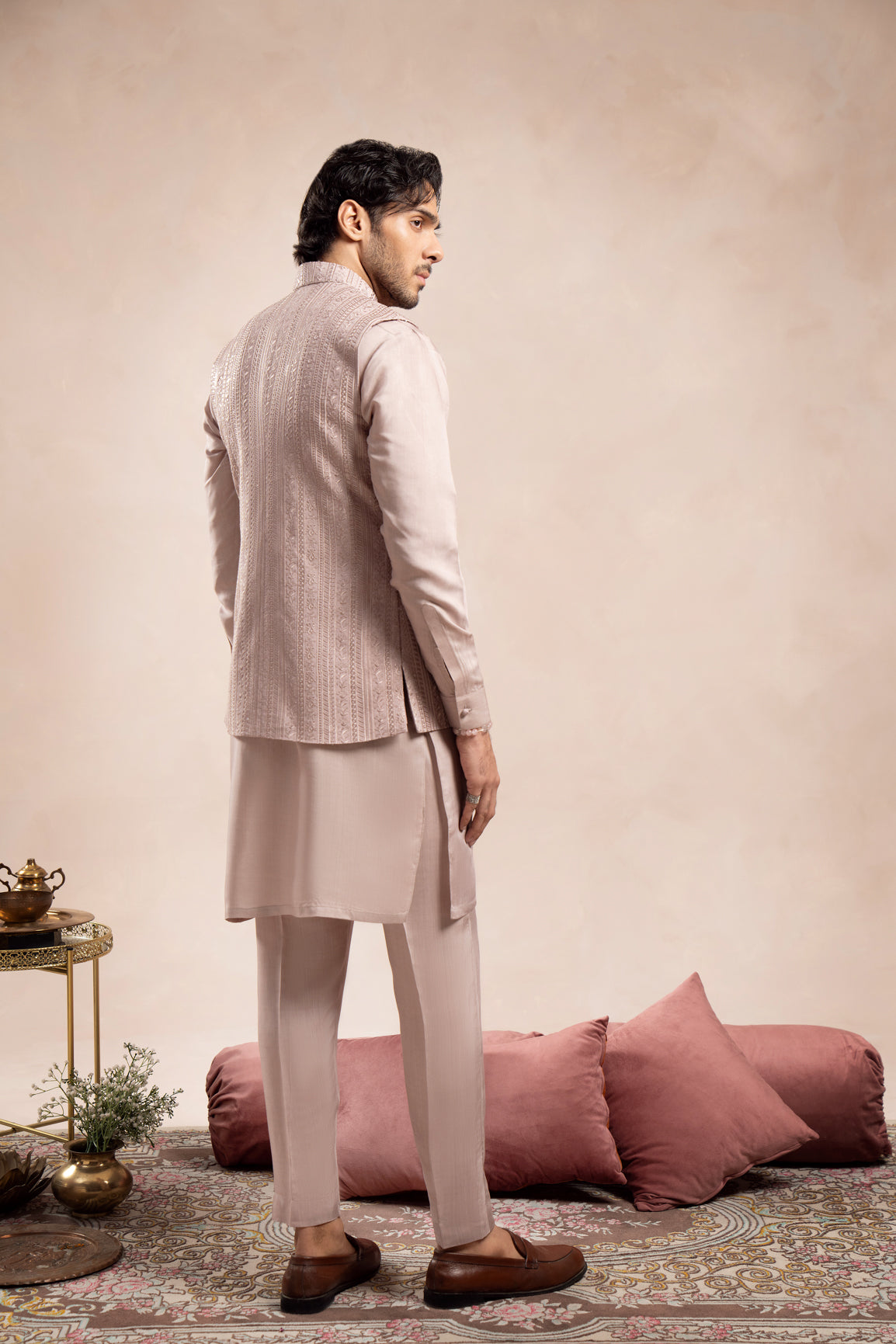 Pink Kurta Trouser Falling Embroidered Waistcoat - 3PC - Men