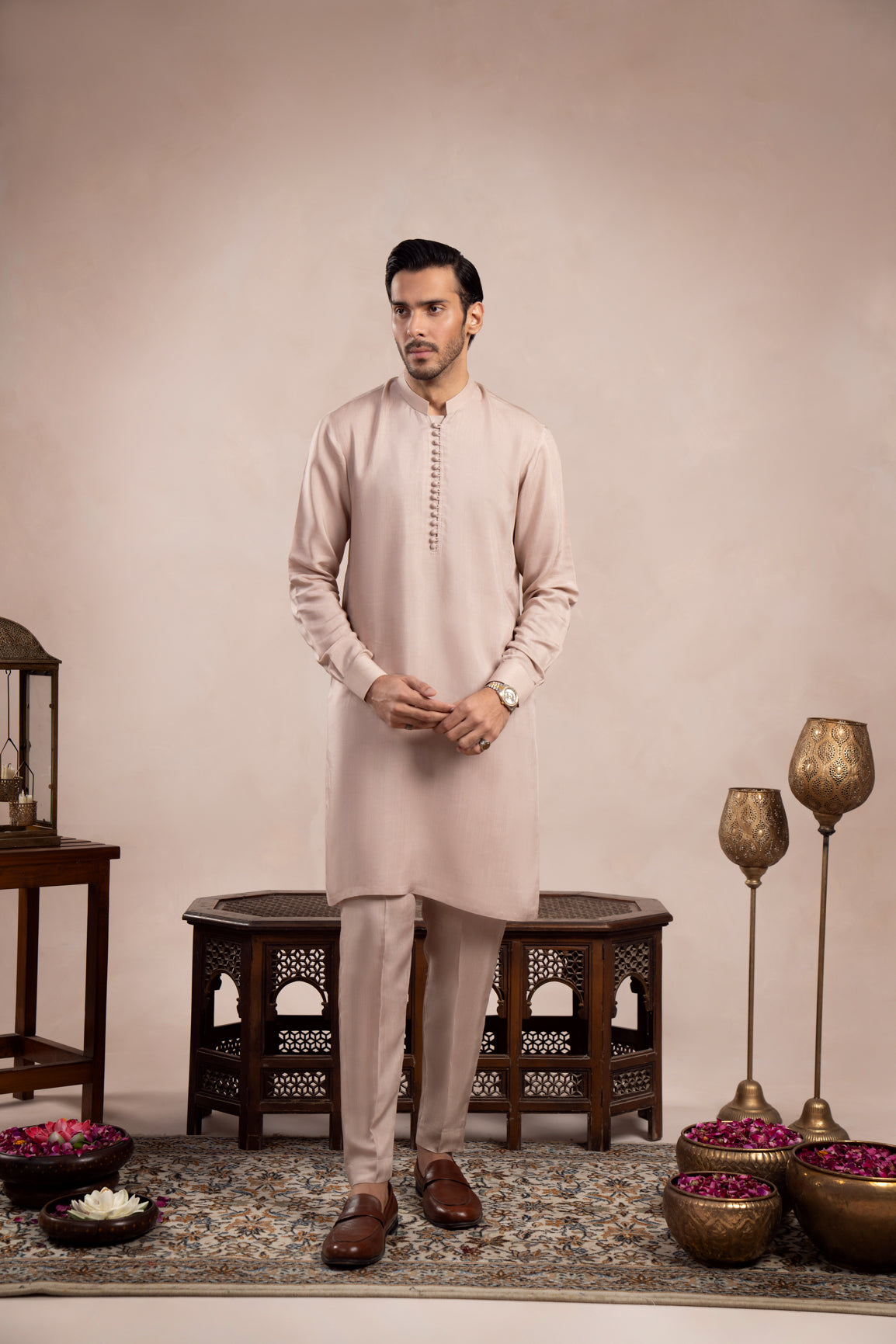 Coffee Beige Viscose Silk Kurta Trouser - Loop Buttons - Men