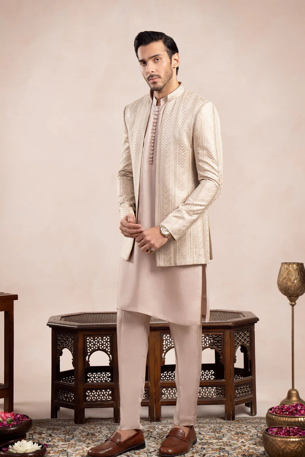 Coffee Beige Loop Kurta Trouser with Arrow Embroidered Open Prince Coat - 3PC - Men - Muraqsh -- Wedding Wear