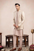 Coffee Beige Loop Kurta Trouser with Arrow Embroidered Open Prince Coat - 3PC - Men
