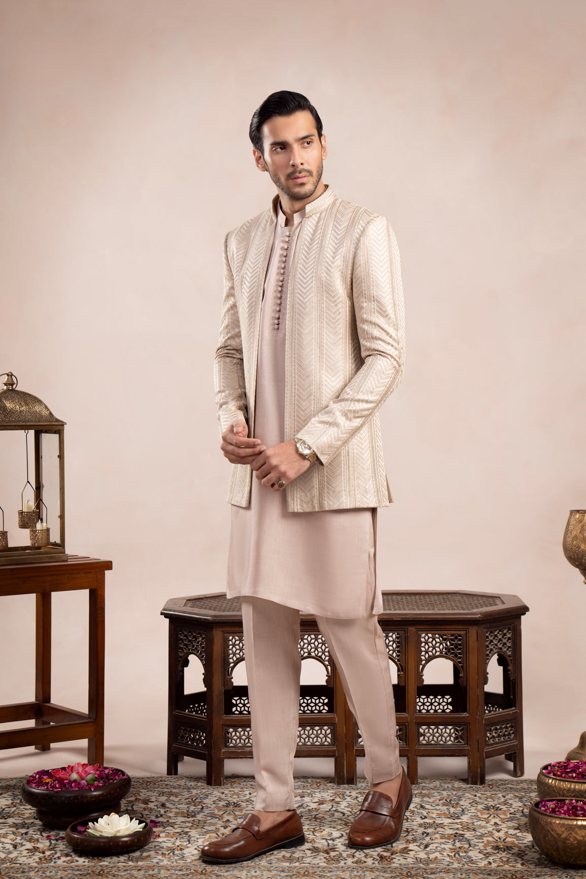 Coffee Beige Arrow Embroidered Open Prince Coat - Men