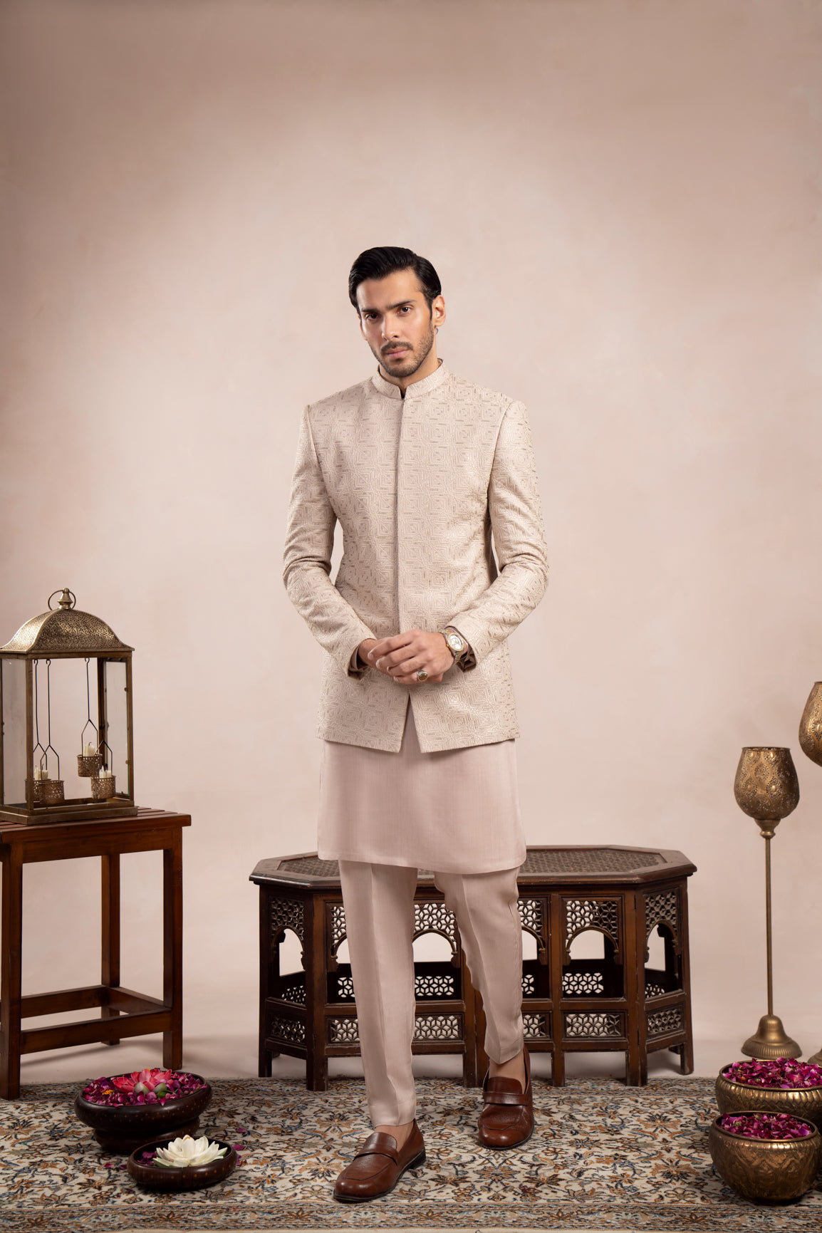 Coffee Beige Kurta Trouser with Square Embroidered Prince Coat - 3PC - Men