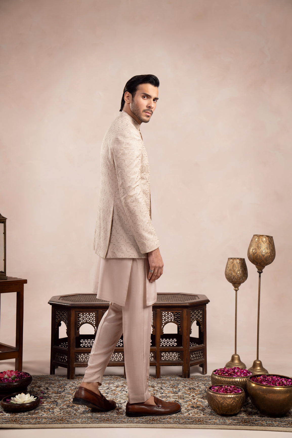 Coffee Beige Kurta Trouser with Square Embroidered Prince Coat - 3PC - Men