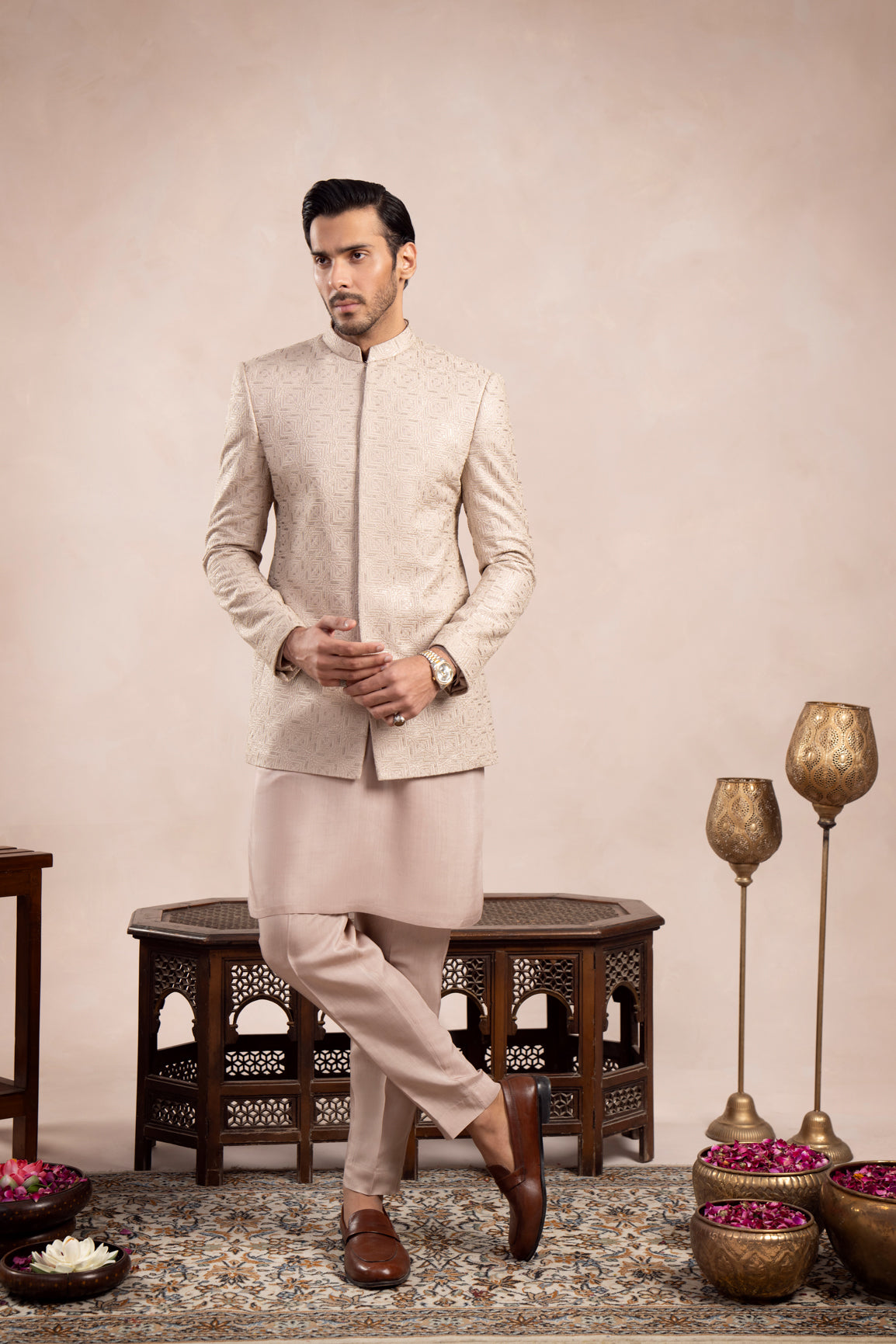 Coffee Beige Kurta Trouser with Square Embroidered Prince Coat - 3PC - Men